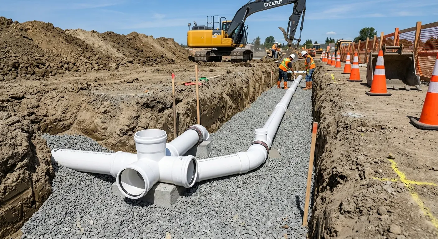 New PVC sewer pipe installation in open trench for Sewer Backup in Dunkirk
