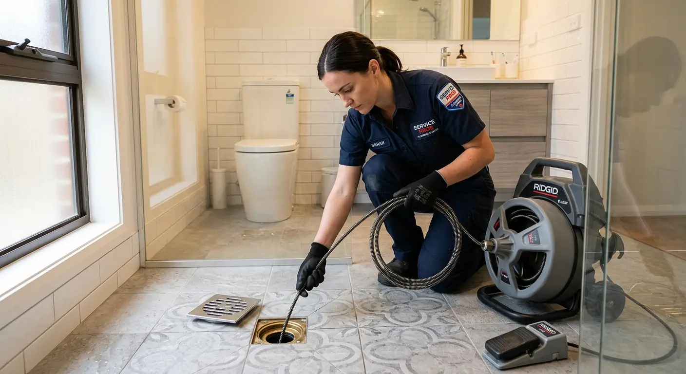 Technician clearing a bathroom floor drain for Sewer Line Replacement in Dunkirk
